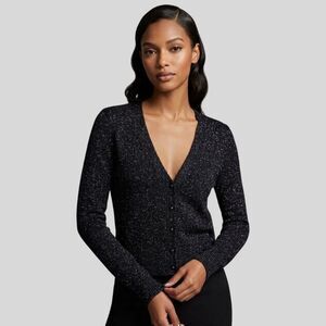 Vintage Ann Taylor Black Sparkle Button Up V-Neck Cardigan Sweater Size L USA
